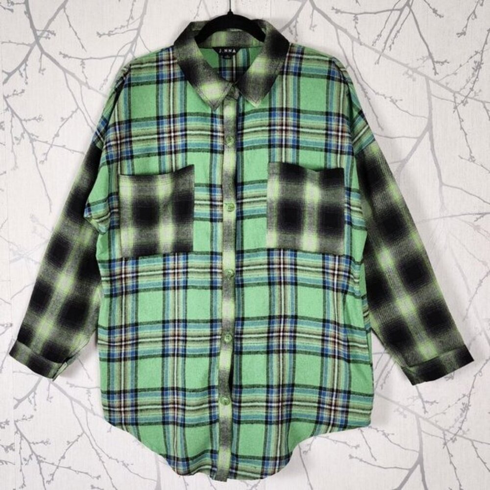 J. NNA Green Plaid Patchwork Button Front Flannel… - image 1